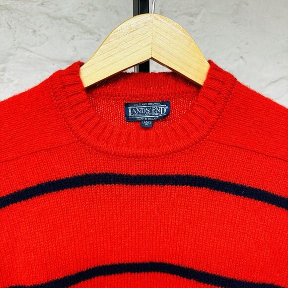 Lands End Striped Sweater 100% Shetland Wool Crewneck Made in England Vintage - Picture 3 of 6